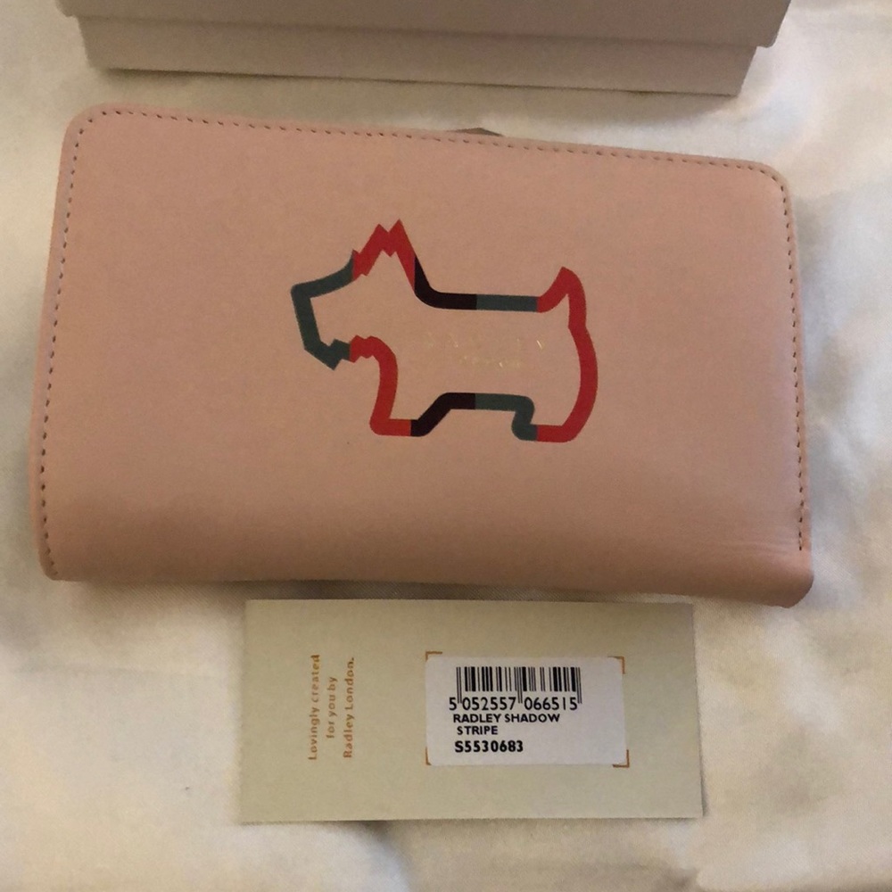 Radley London Radley Scottie Shadow Stripe Pink Leather Bifold Wallet NWT & Box